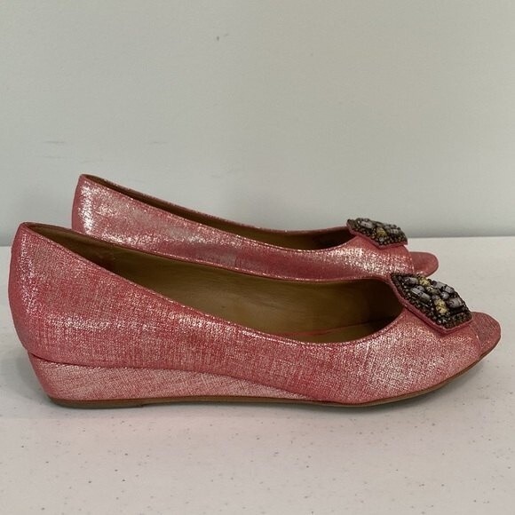 Donald J Pliner Pink Sonnet Demi-Wedge Flats Jeweled Peep Toe Shimmer Barbiecore - Picture 4 of 16